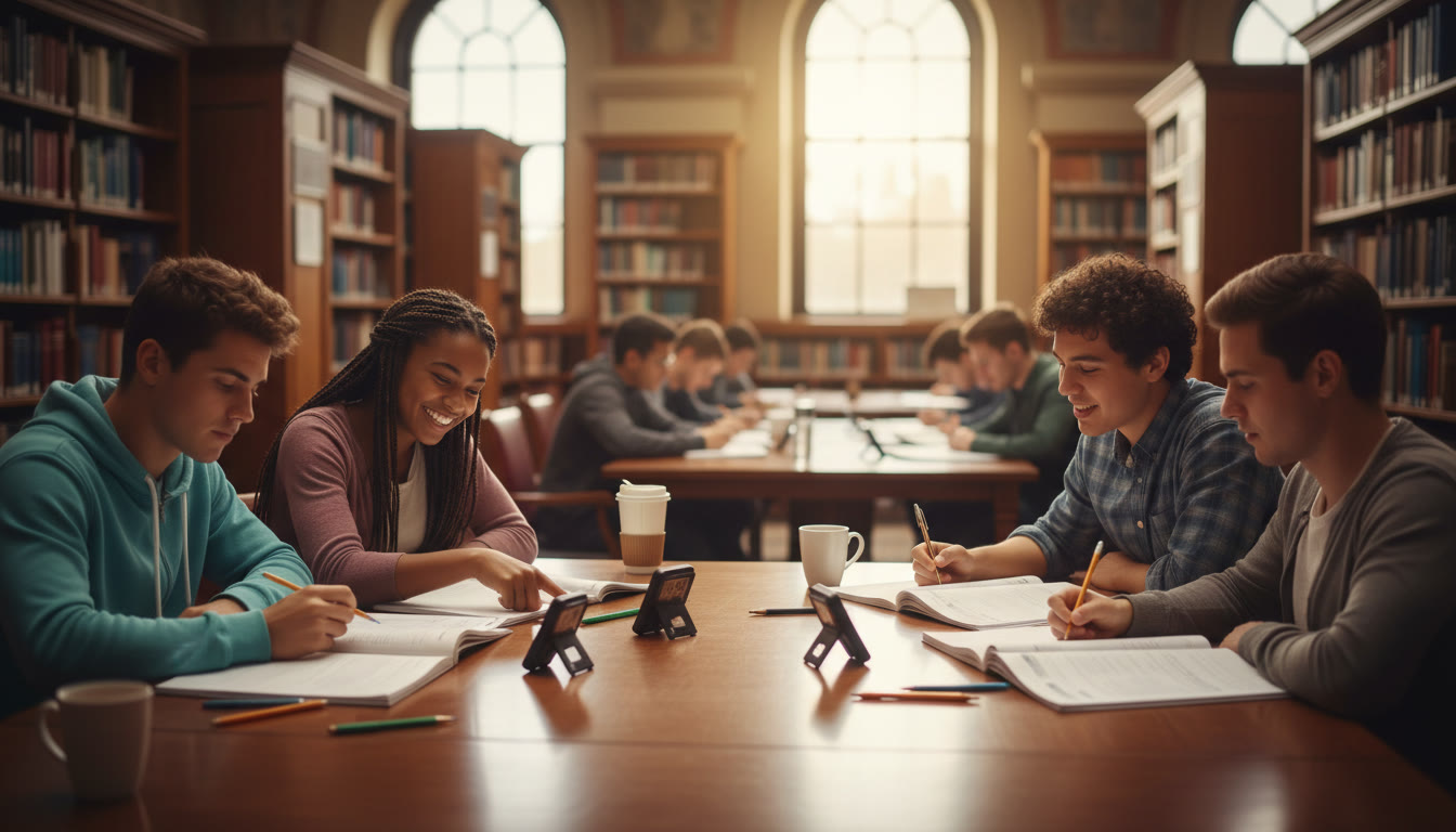 Photo Idea : small group of students in a library doing timed past paper practice together