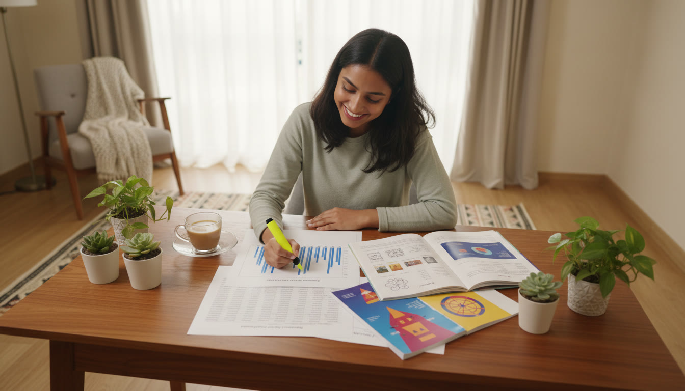 Photo Idea : a student at a desk with a printed rank list and college prospectuses spread out, marking options with a highlighter
