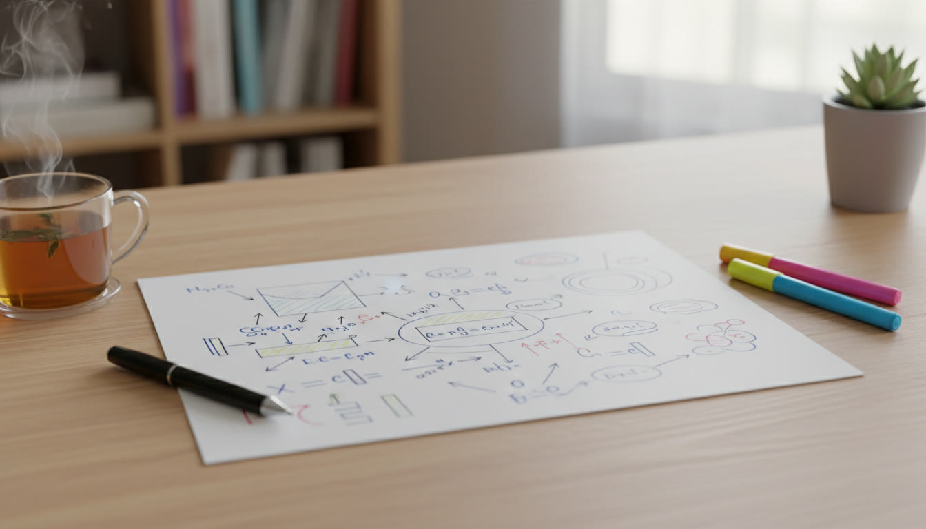 Photo Idea : A tidy table printed on paper with annotations, surrounded by a pen and highlighters