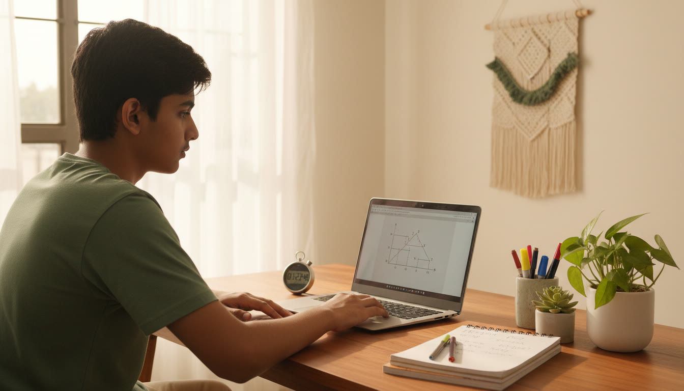 Photo Idea : A focused student at a desk taking a timed mock test on a laptop with a stopwatch and neat question notes nearby