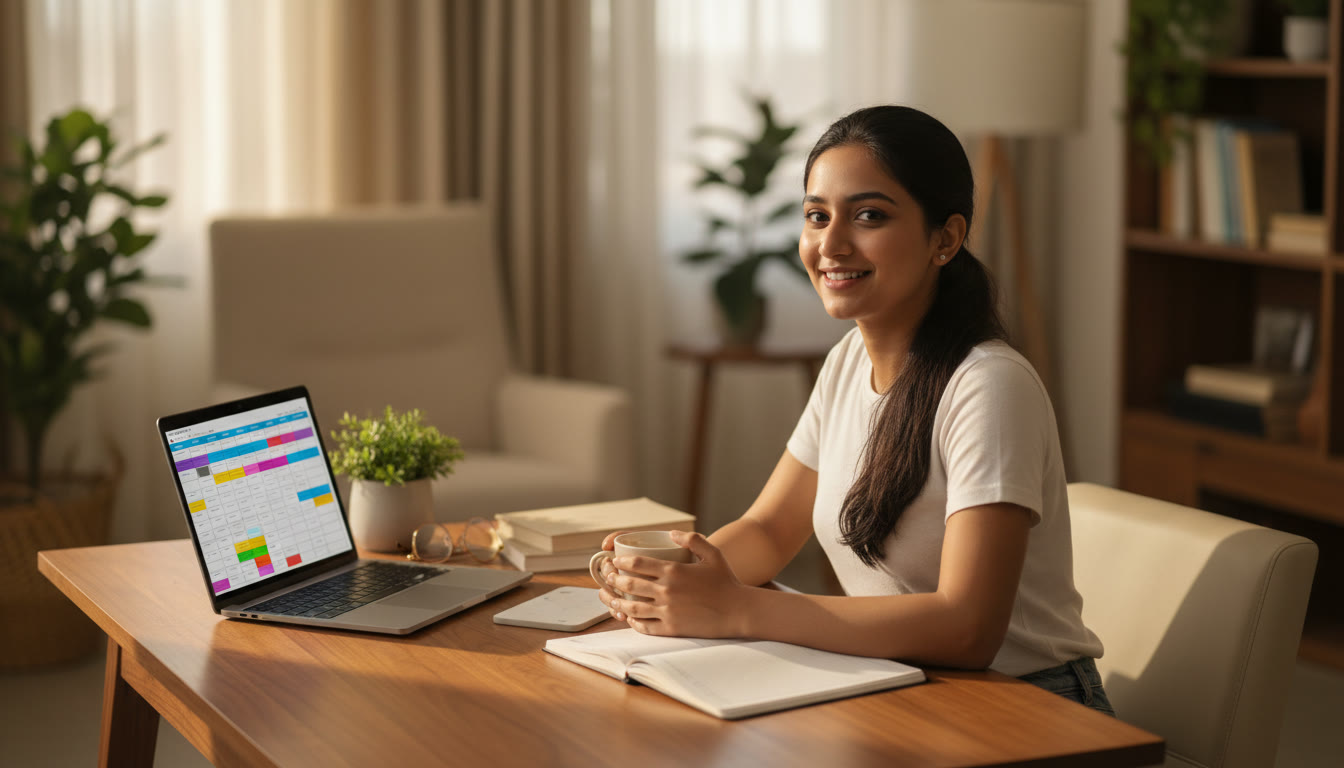 Photo Idea : Student at a tidy desk with notebooks, a laptop showing a timetable, and a cup of tea — planning an intensive study week.