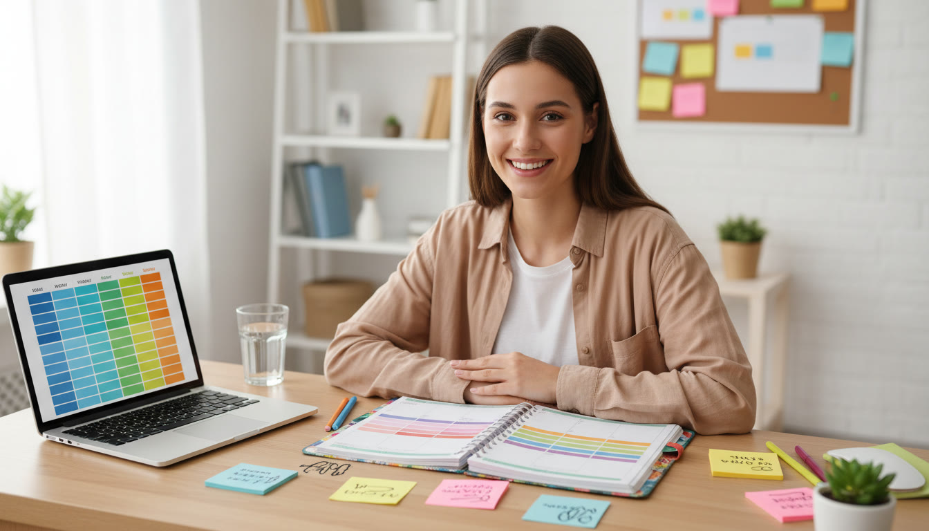 Photo Idea : A student at a tidy desk with a colorful planner open, sticky notes, a laptop showing a simple weekly timetable