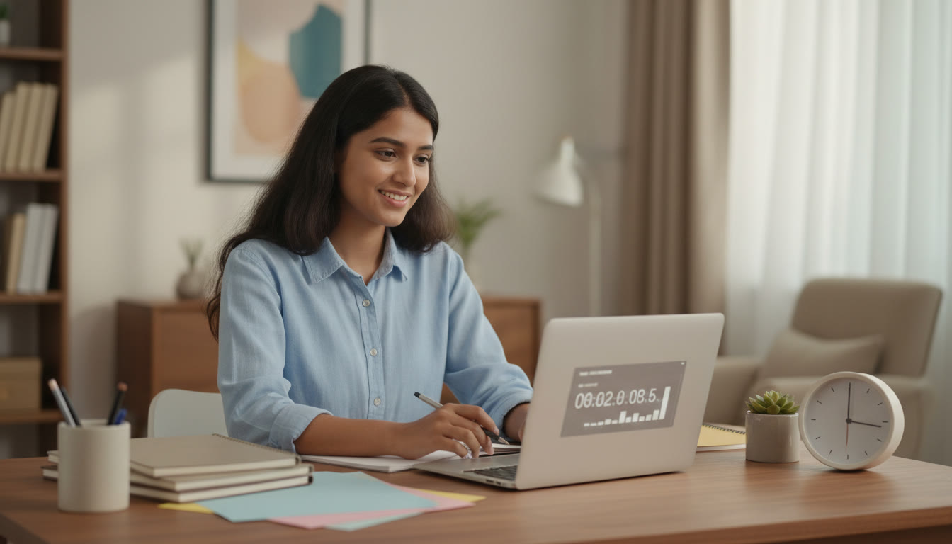 Photo Idea : Student at a tidy desk with a clock, laptop showing a mock test timer, and neatly stacked notes — calm, focused atmosphere.