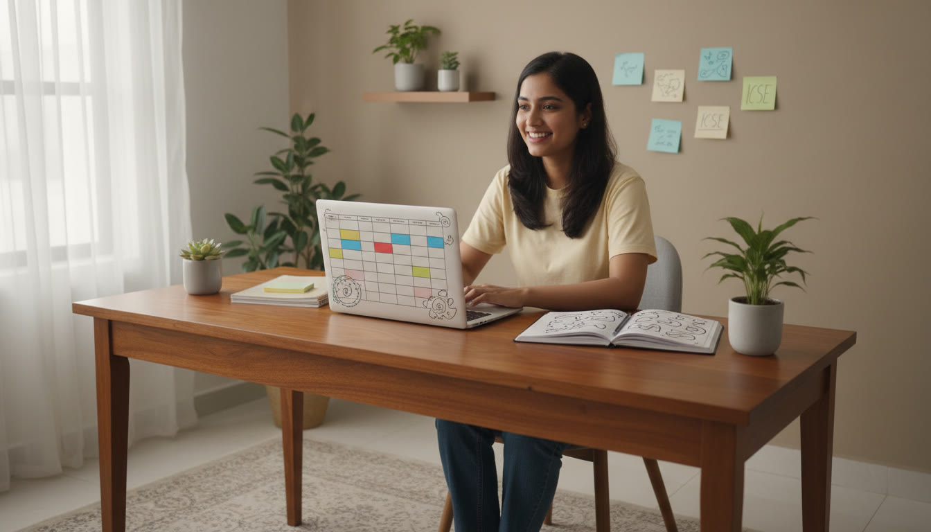 Photo Idea : A student at a desk with two open notebooks labelled “CBSE” and “ICSE,” a laptop showing a timetable, and sticky notes around.