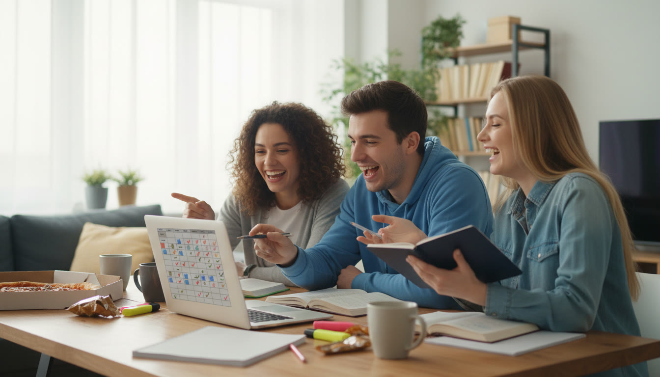 Photo Idea : A small study group comparing answers and pointing at a markscheme on a laptop screen