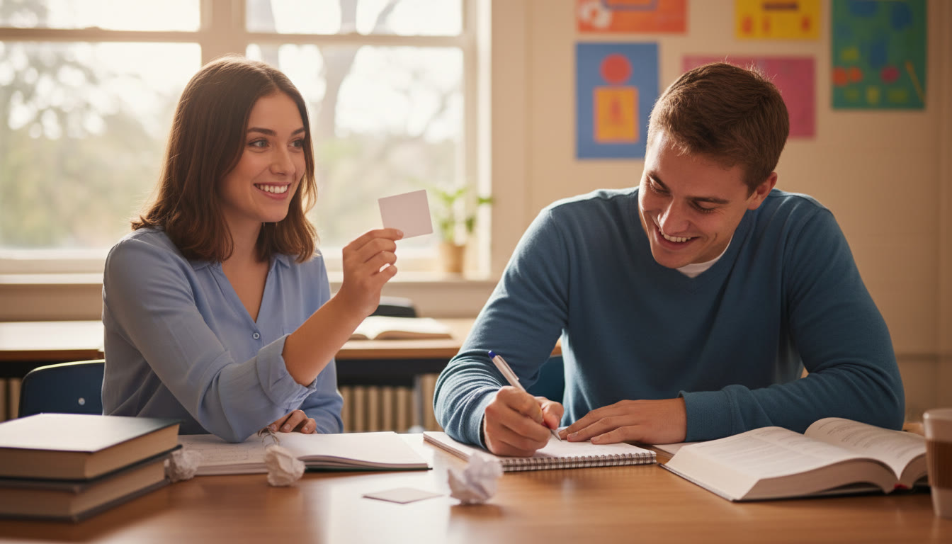Photo Idea : Two students practicing a mock oral with one holding a prompt card and the other taking notes