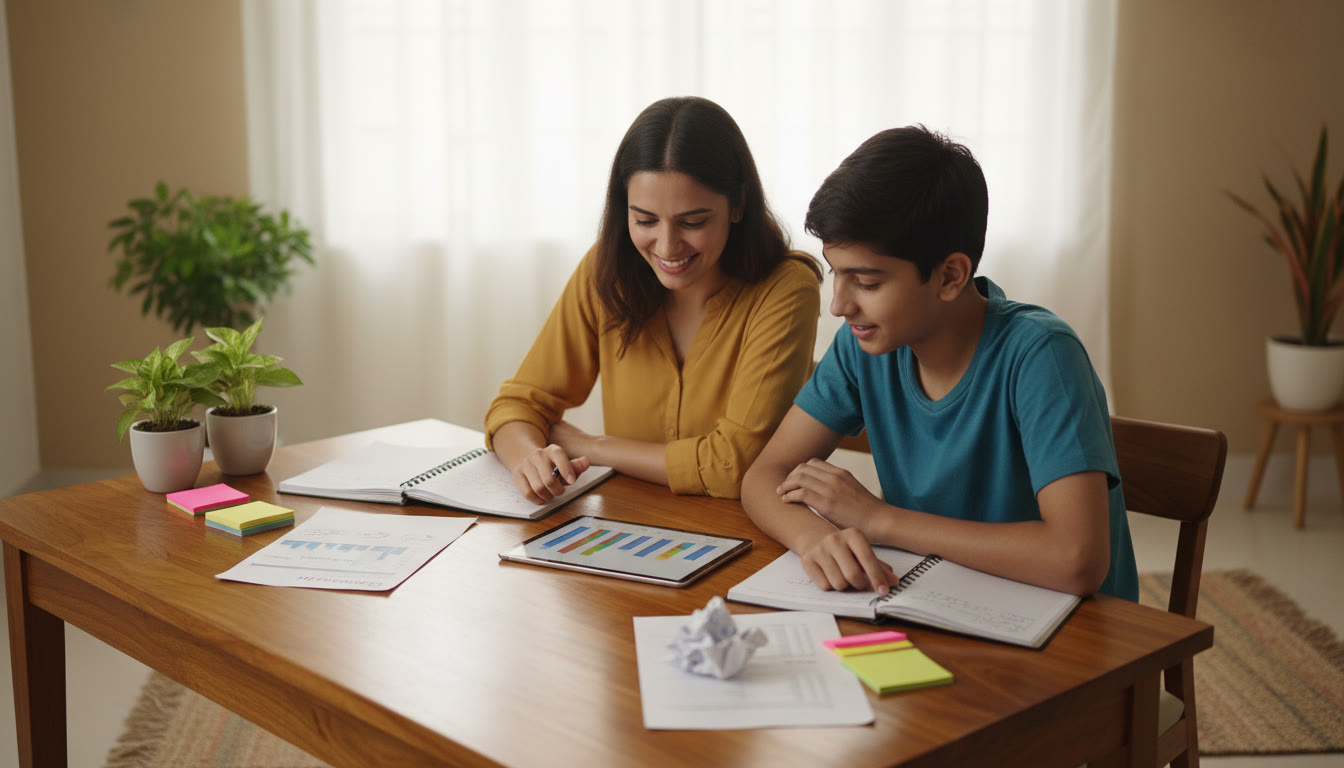 Photo Idea : A tutor and student reviewing a mock test report on a tablet, with notes and a printed error log on the table