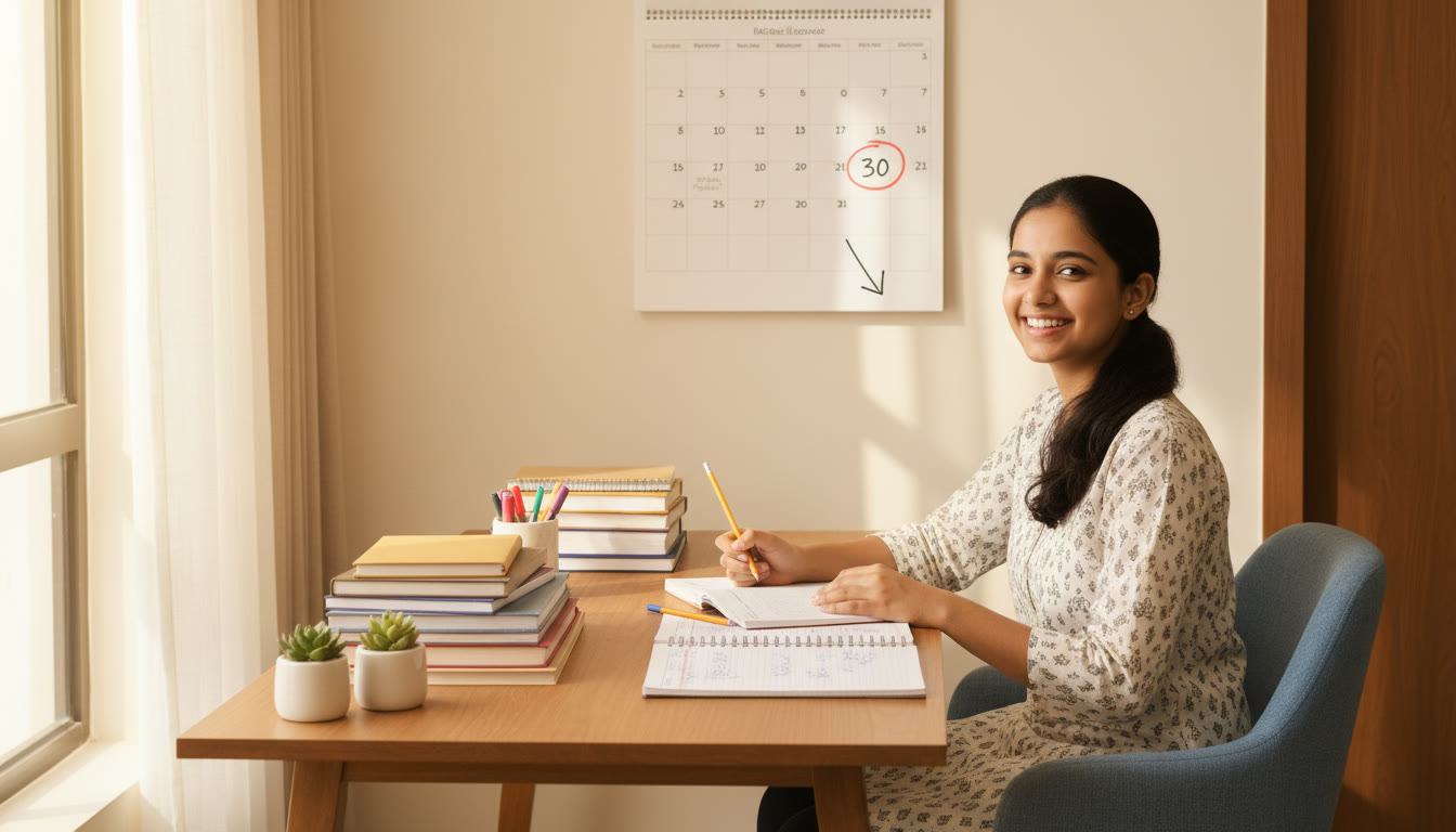 Photo Idea : Student at a tidy study desk with textbooks, notes, and a wall calendar marked 30 days