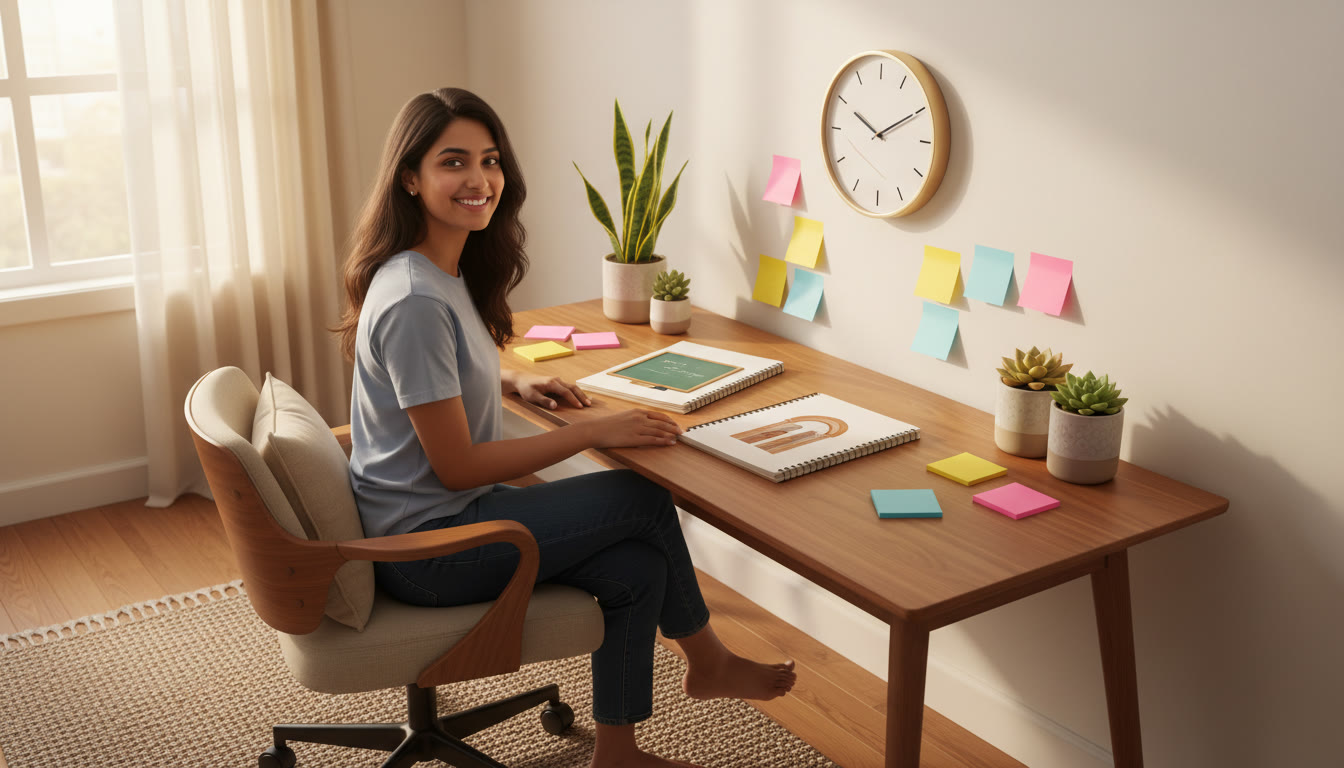 Photo Idea : a student at a desk with two open notebooks labeled 