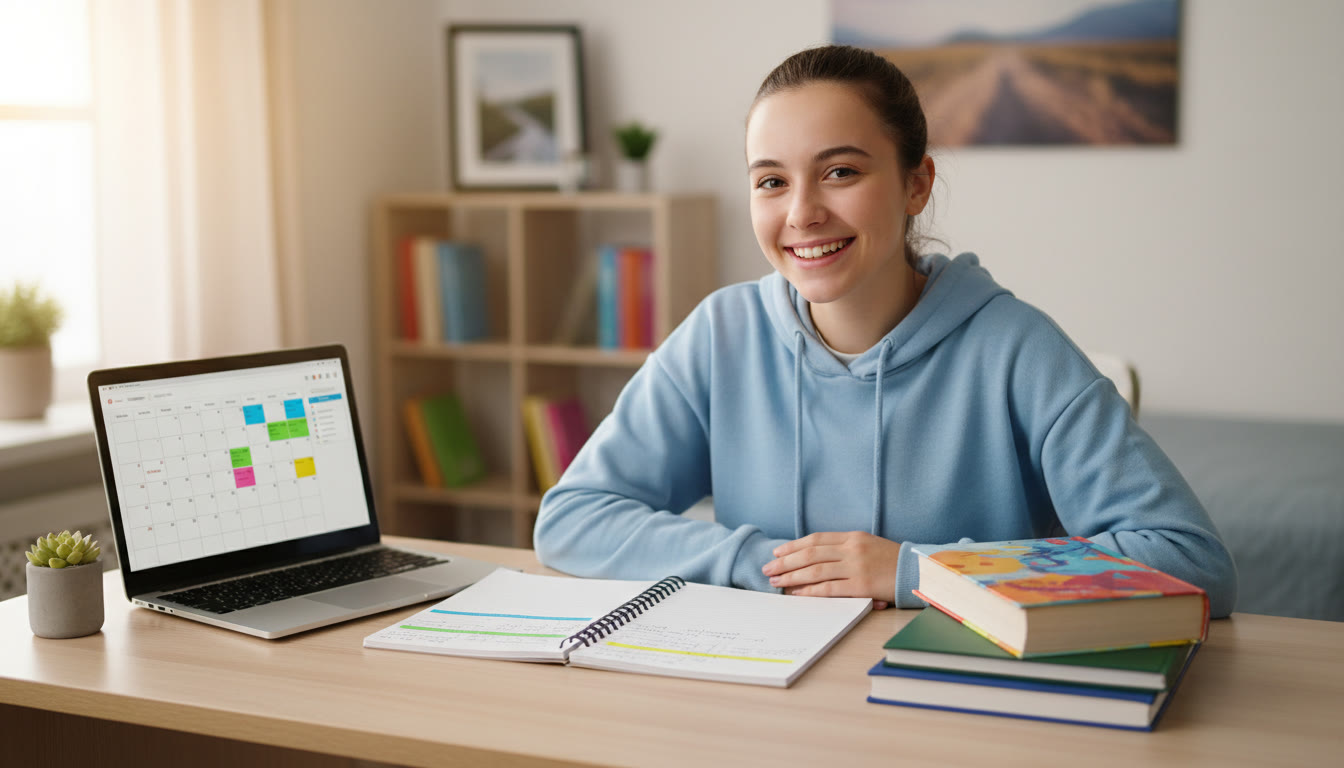 Photo Idea : Student at a tidy desk with IB textbooks, color-coded notes, and a laptop open to a planner