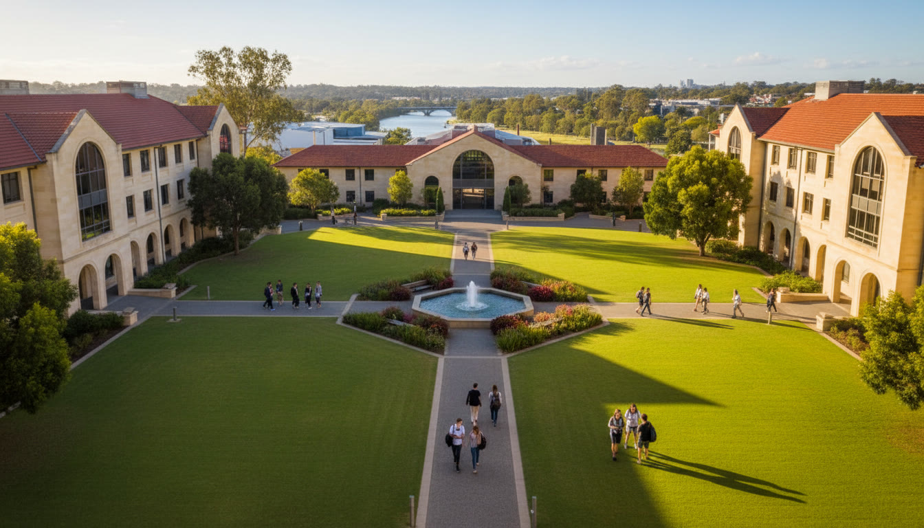 Photo Idea : A bright aerial view of an Australian university quad with students walking between buildings