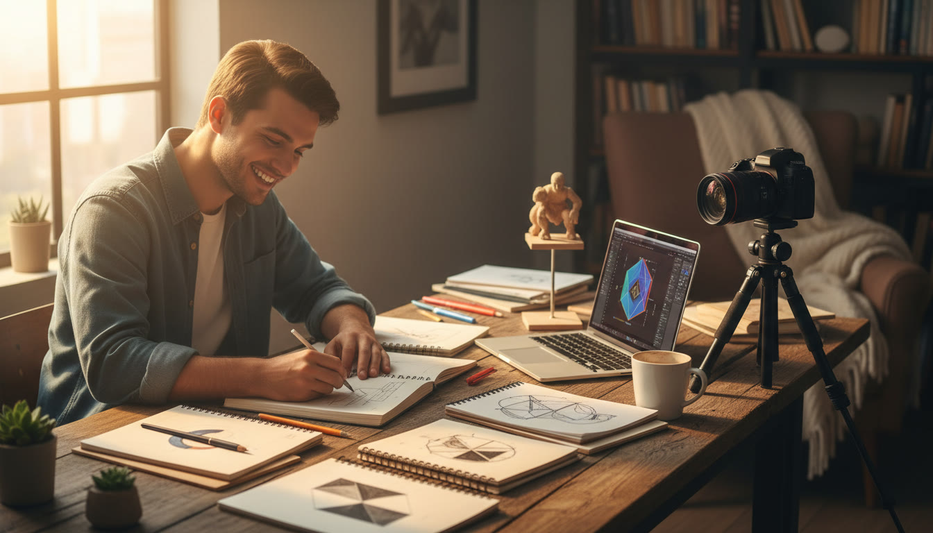 Photo Idea : Student sitting at a sunlit desk surrounded by sketchbooks, a laptop and a camera, mid-creation
