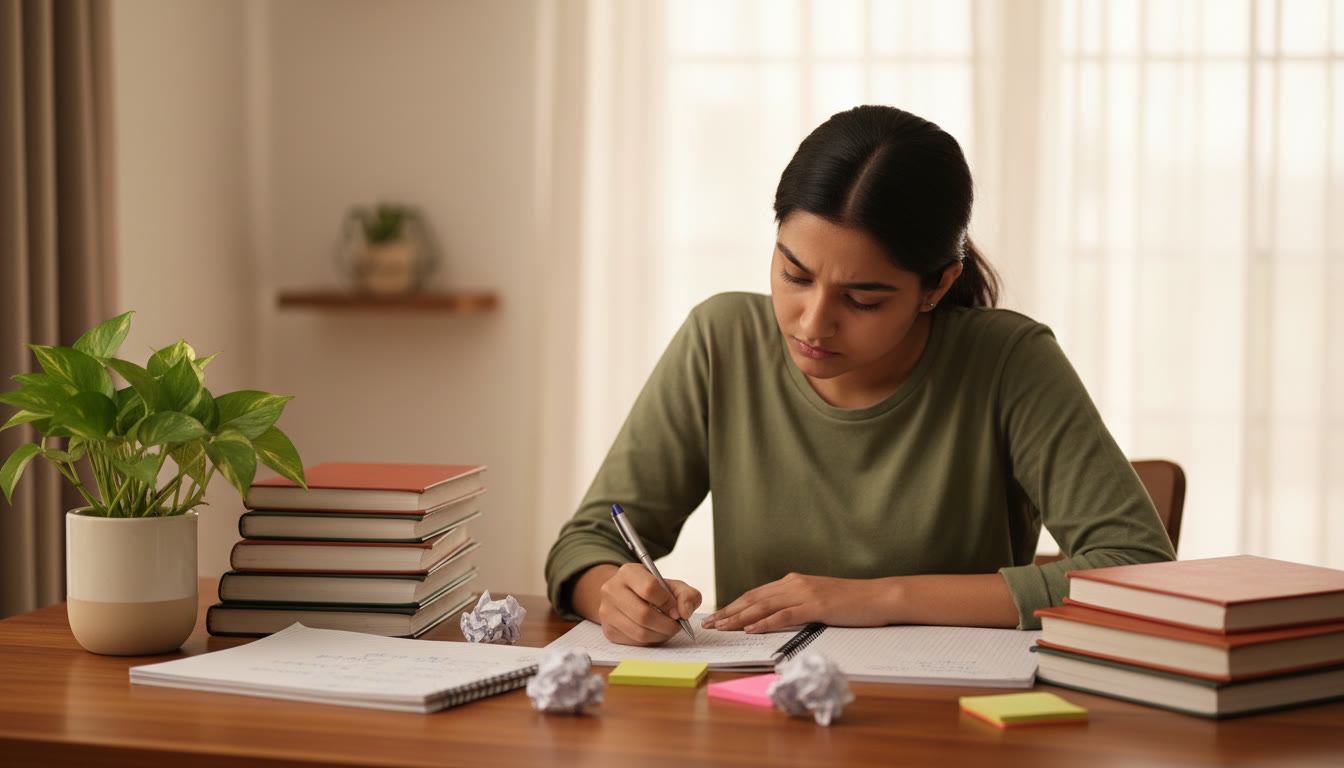 Photo Idea : A focused student surrounded by neat notes, graph paper, and a pen poised to solve a problem