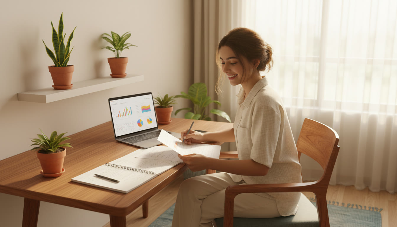 Photo Idea : Student reviewing a mock test printout at a desk with notes, a pencil, and a laptop