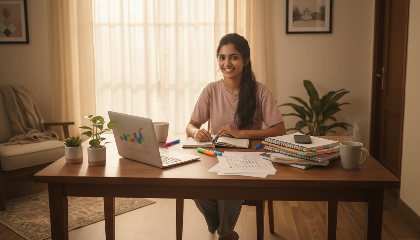 Photo Idea : Student at a desk with notes, a laptop, and an OMR practice sheet