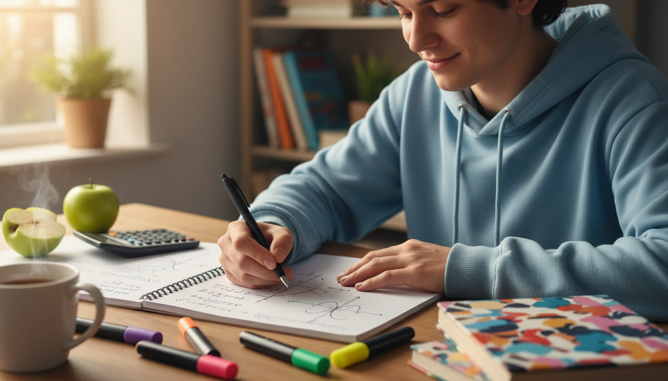 Photo Idea : Close-up of a student writing calculus notes with plotted graphs on paper