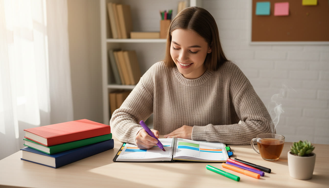 Photo Idea : Student at a tidy desk with a color-coded planner, highlighters, and three textbooks stacked by difficulty