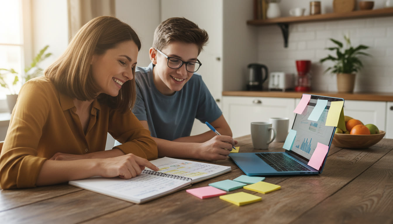 Photo Idea : Parent and teenager reviewing a research notebook together at a kitchen table with a laptop and sticky notes