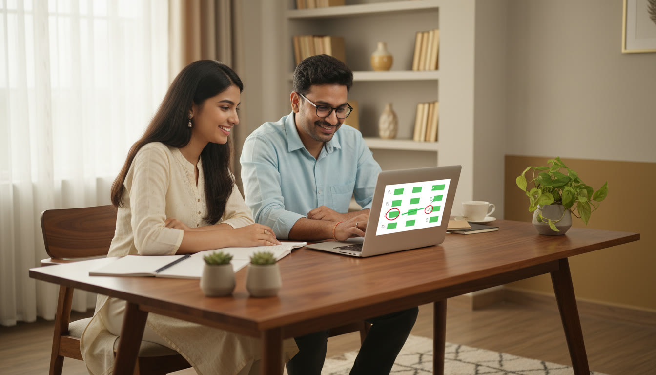 Photo Idea : Tutor and student reviewing a mock test on a laptop, highlighted errors visible