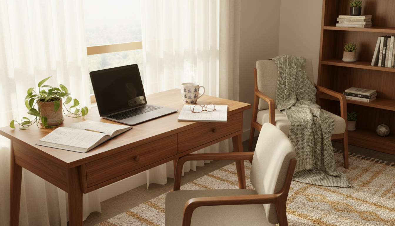 Photo Idea : A calm study corner with soft light, open notebooks, and a cup of tea