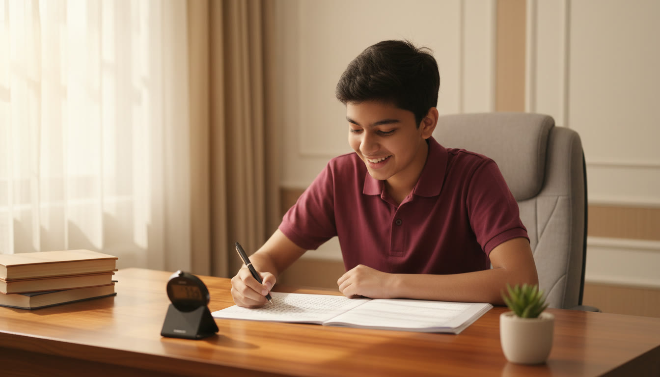Photo Idea : Student at a study desk taking a timed NEET mock with OMR sheet and stopwatch visible
