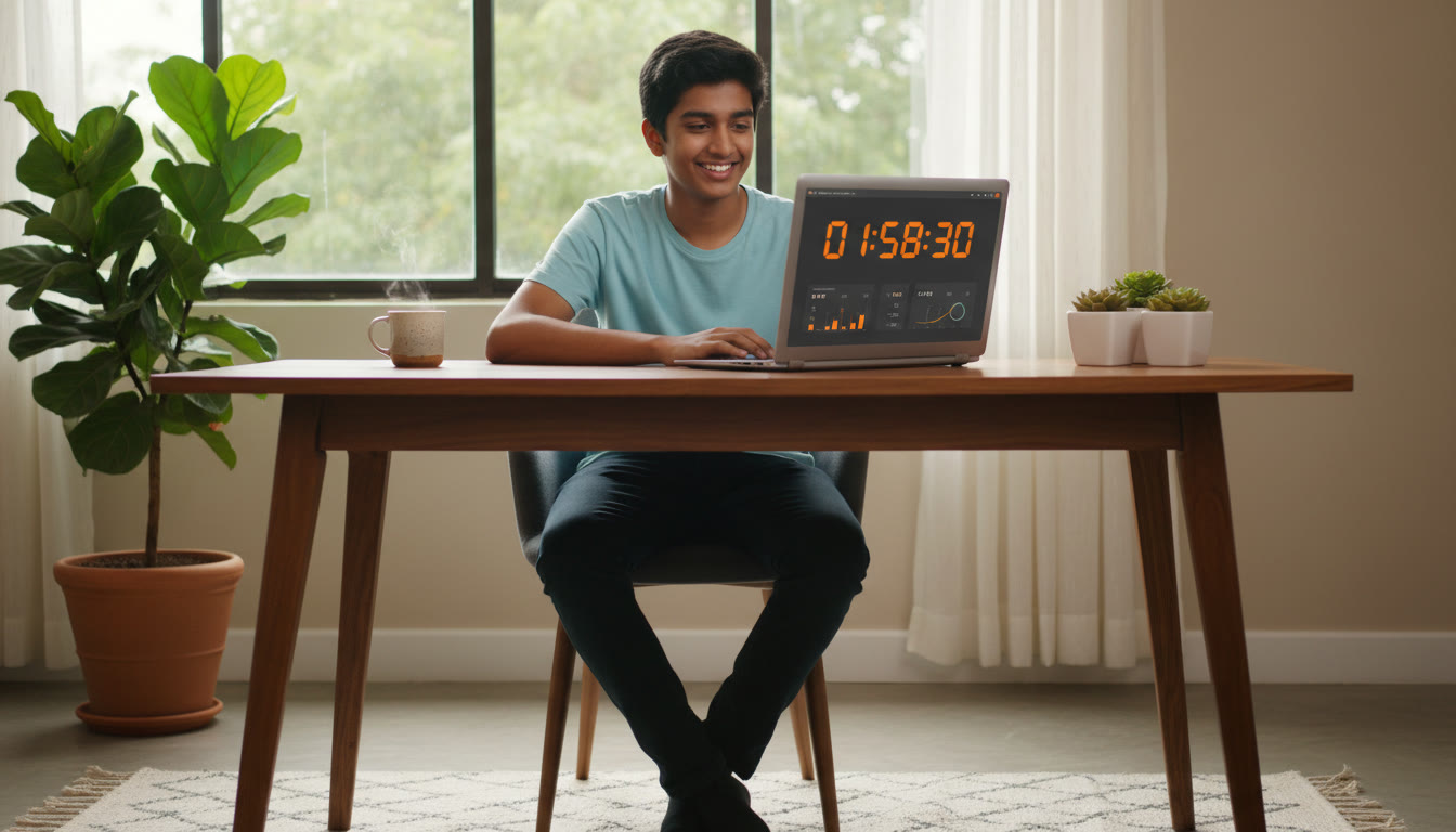 Photo Idea : student at a desk taking a full-length mock on a laptop with a visible countdown timer