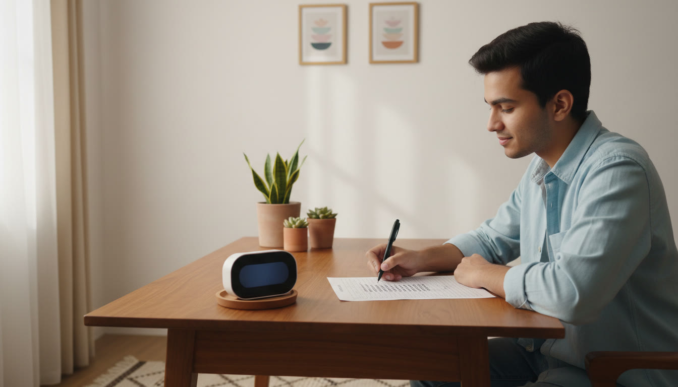 Photo Idea : Student filling an OMR sheet carefully while a timer sits beside them
