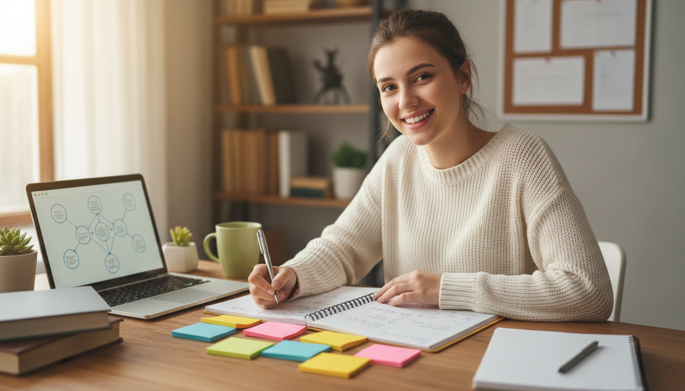 Photo Idea : A student writing notes in a notebook with sticky notes and a laptop open to a TOK brainstorm