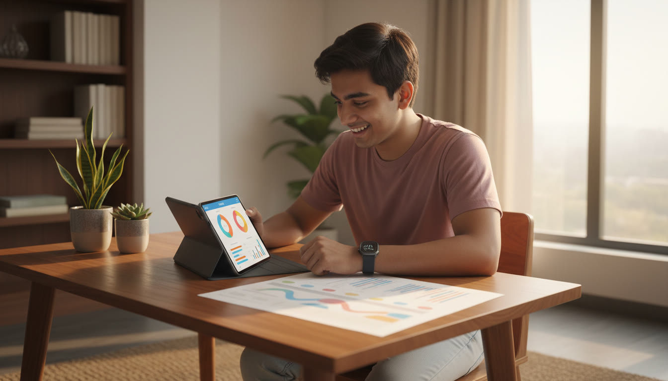 Photo Idea : A mock-test setup with a student using a tablet, wristwatch, and a neat score-analysis sheet