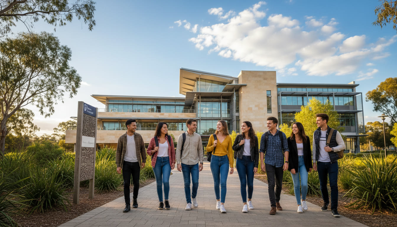 Photo Idea : A diverse group of students walking toward a modern university building in Australia, backpacks and smiles