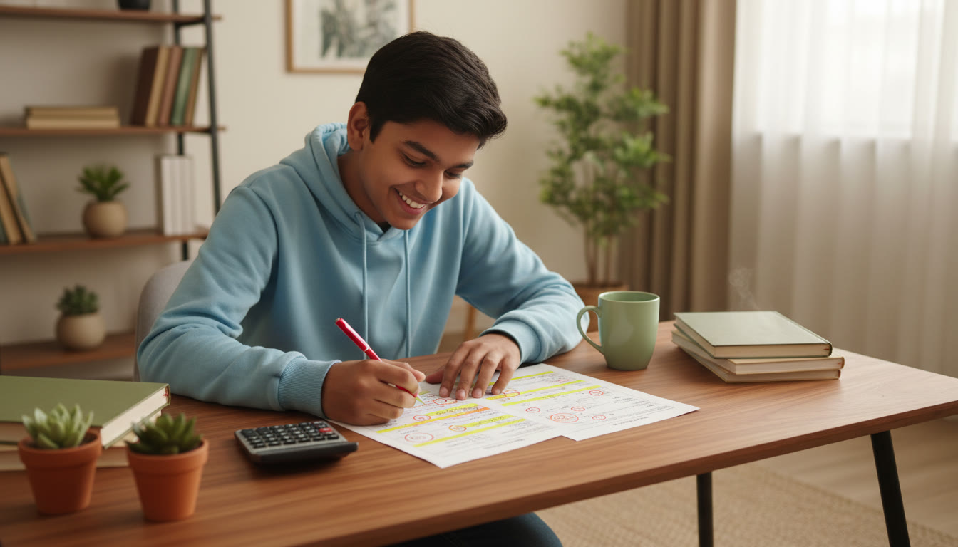 Photo Idea : A student analyzing a mock test paper with highlighted errors and a red pen
