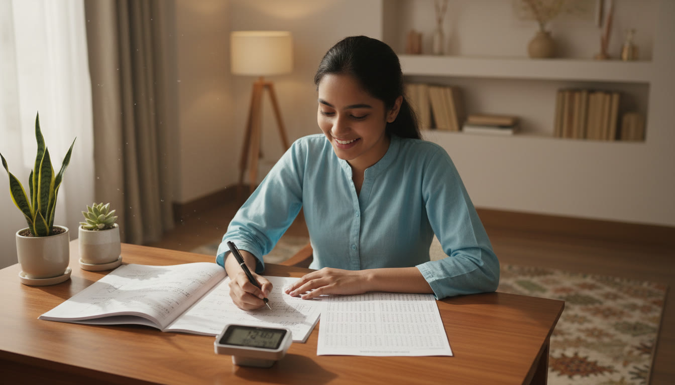 Photo Idea : A student taking a timed mock test in a quiet room, with a separate answer sheet and a stopwatch