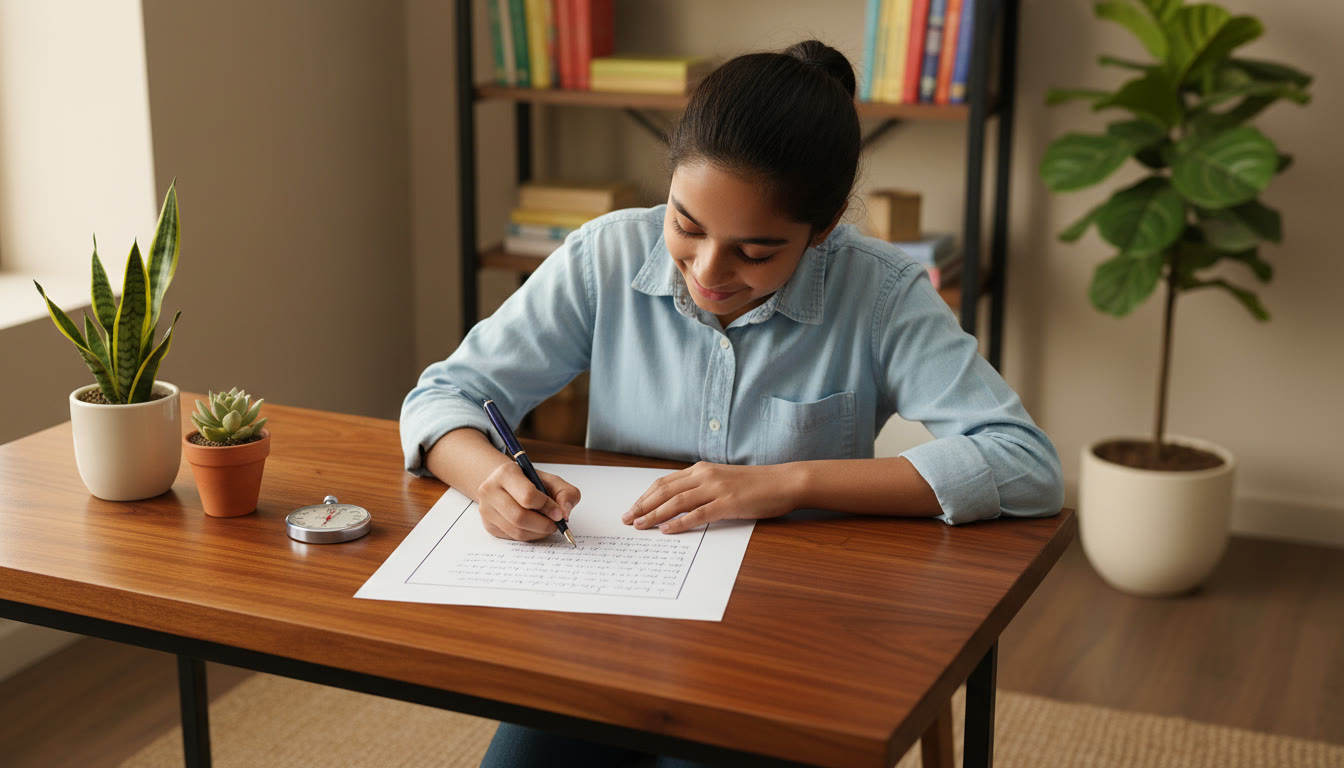Photo Idea : A focused student writing on an ISC answer sheet with neat margins and a stopwatch nearby