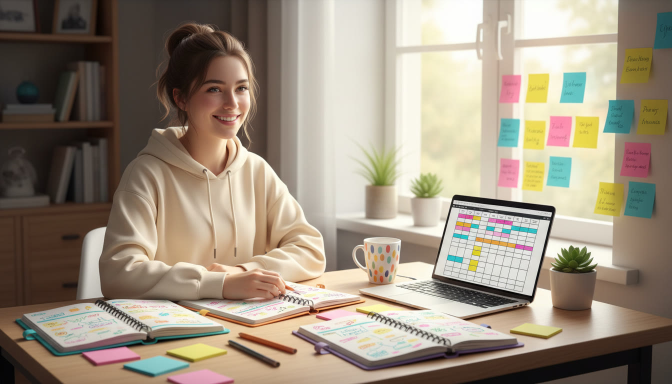 Photo Idea : A student at a desk with colored planners, sticky notes, and a laptop open to a study schedule