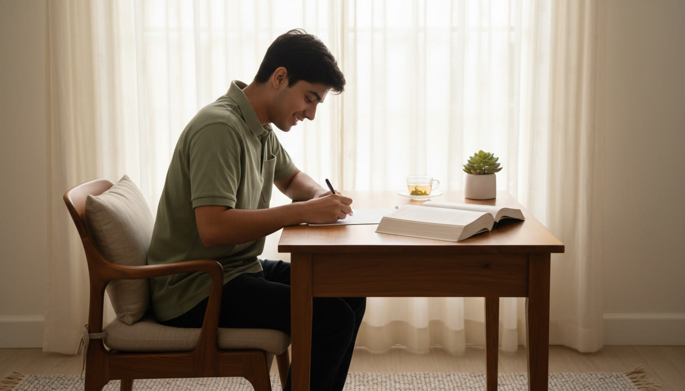 Photo Idea : Student marking answers on an OMR sheet in a quiet study room