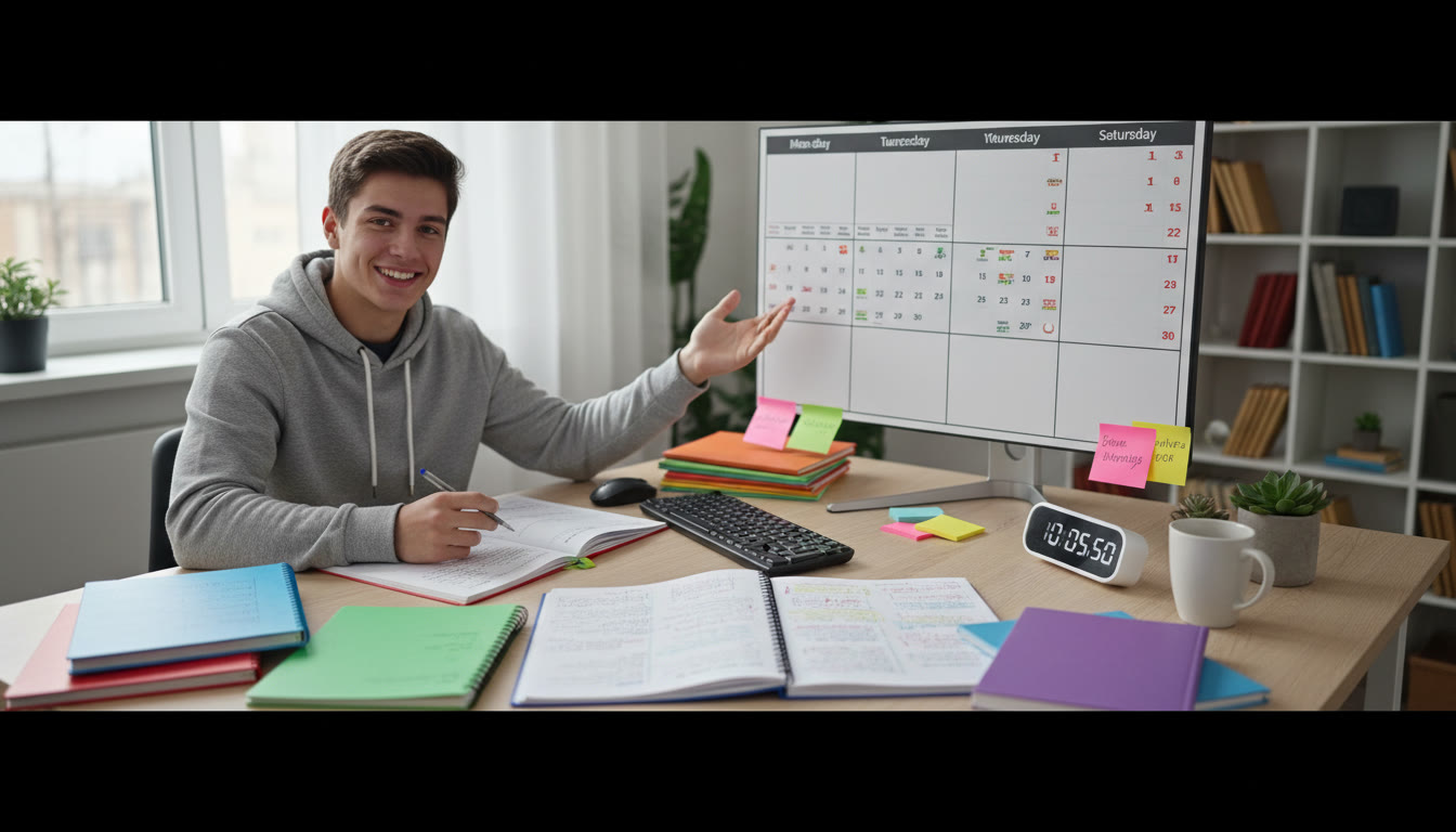 Photo Idea : Student at a tidy desk with color-coded notes, a calendar divided into six weekly blocks, and a running timer