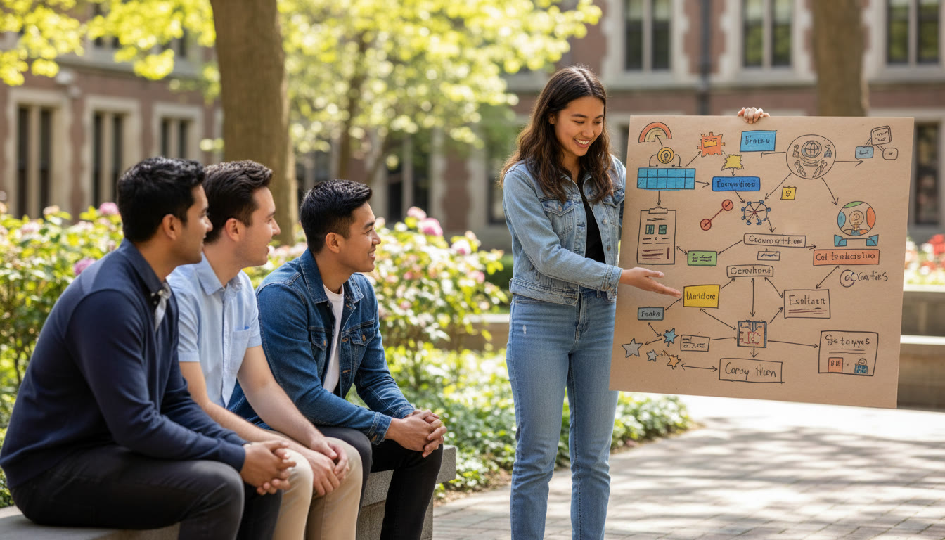 Photo Idea : A student presenting a CAS poster to a small group of peers outdoors