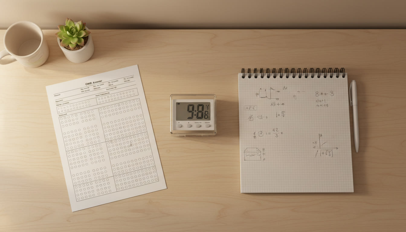 Photo Idea : A screenshot-style overhead of a timer, OMR sheet replica, and a tidy error-log notebook
