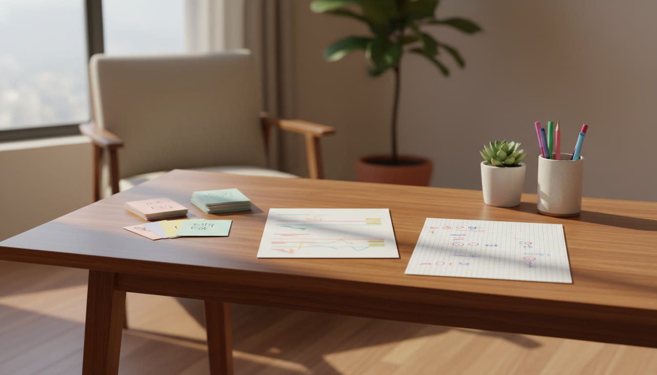 Photo Idea : Desk with neat one-page revision notes, labeled flashcards, and a marked-up mock test