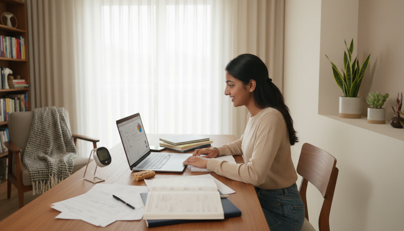 Photo Idea : A focused student taking a full-length computer-based mock test on a laptop with a stopwatch and scattered notebook pages