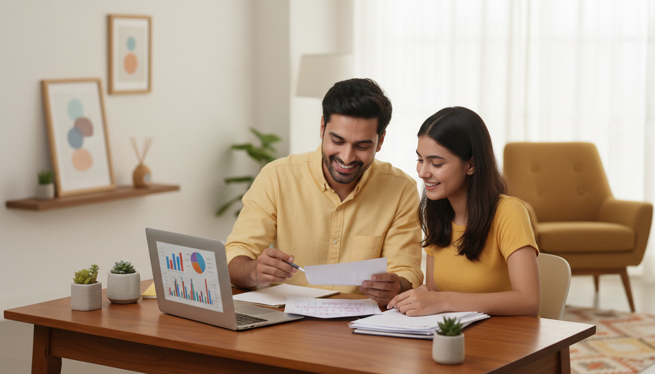 Photo Idea : Tutor and student reviewing a mock test with marked answer sheets and a laptop showing analytics.