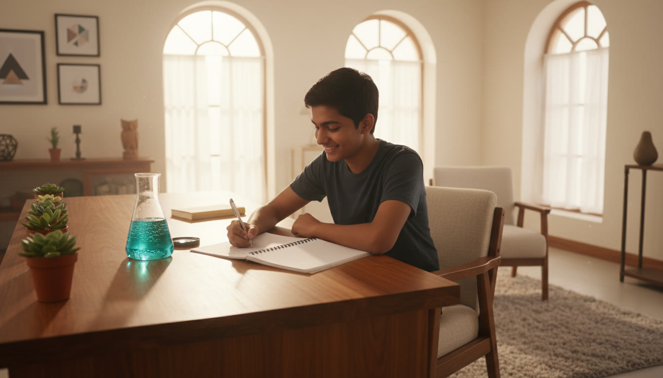 Photo Idea : A student carefully noting observations beside a neat lab notebook and a beaker on a wooden lab bench