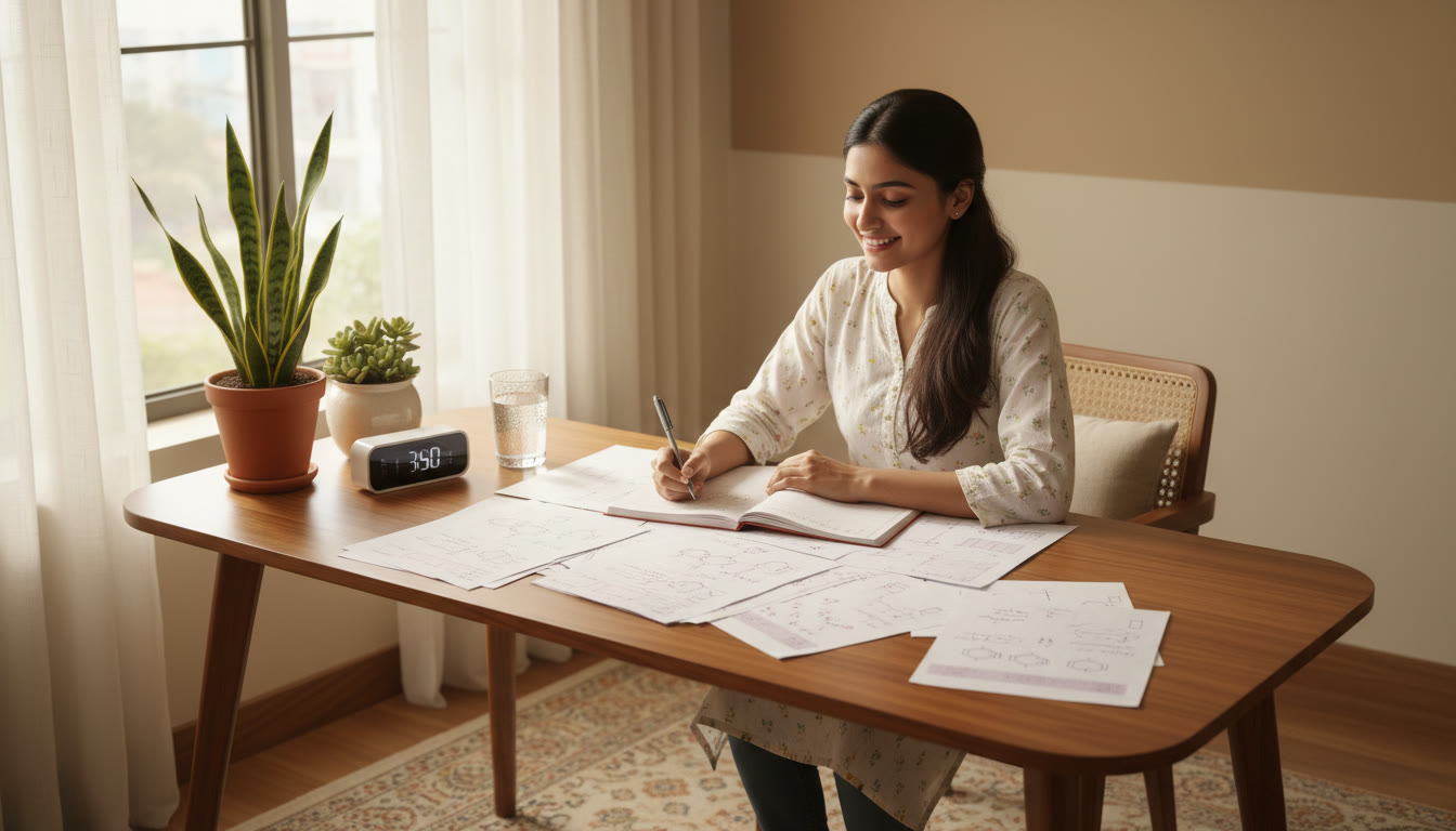 Photo Idea : A focused student at a tidy study desk with NEET notes, a timer, and a glass of water in soft natural light