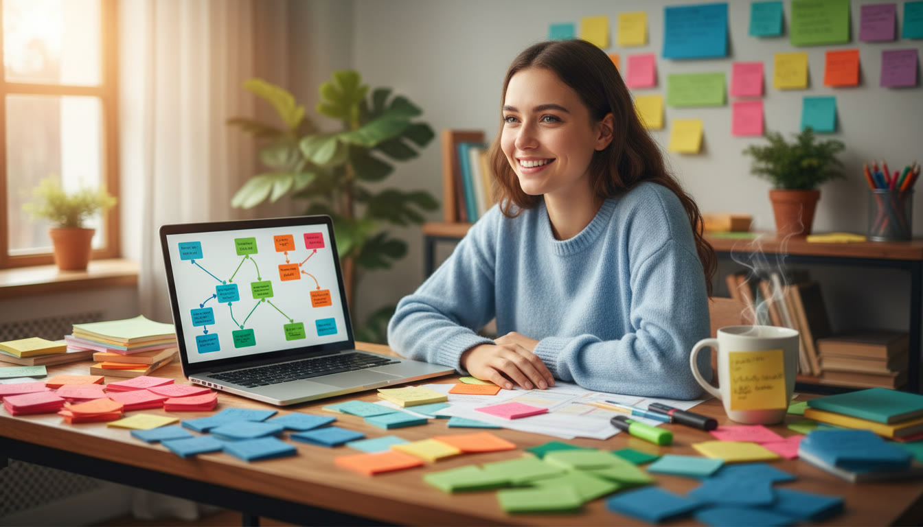 Photo Idea : student at a desk surrounded by color-coded notes and an open laptop showing an outline