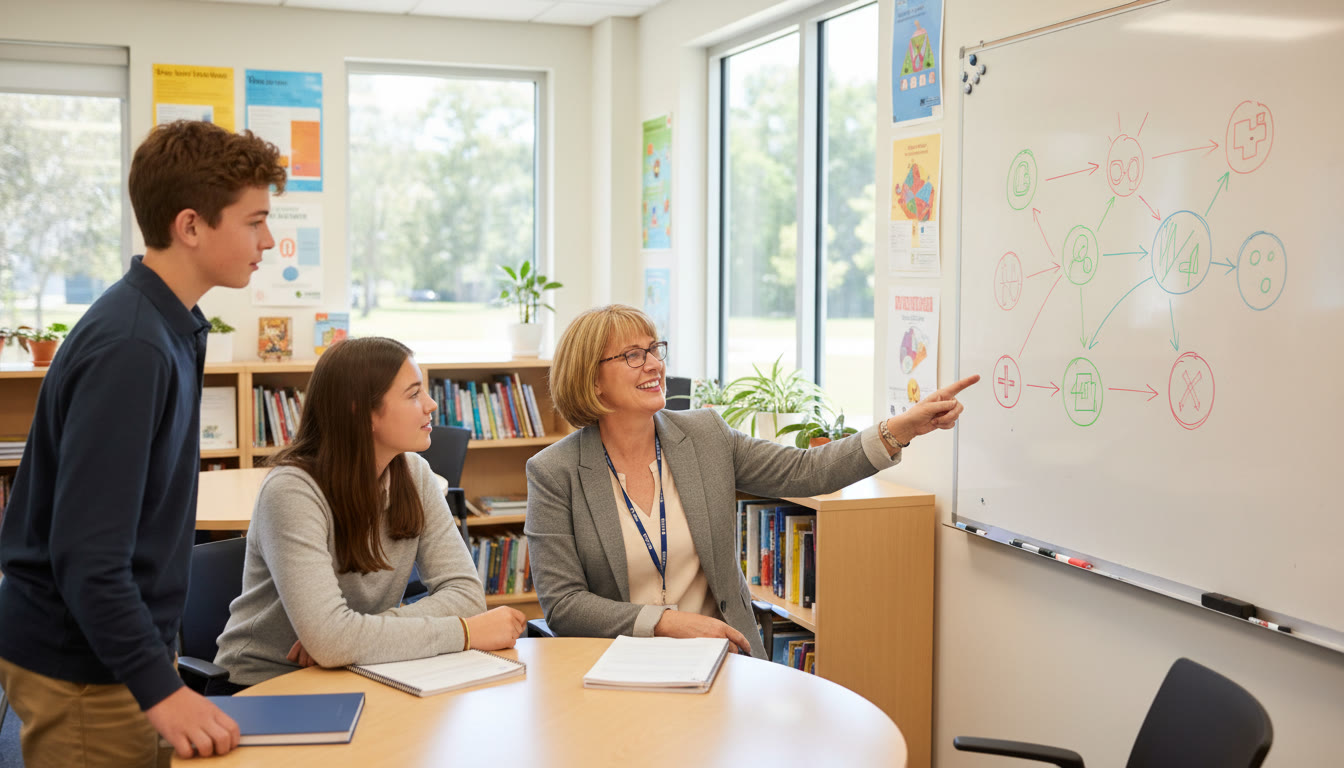 Photo Idea : A small group counselling session with an IB counselor and two students pointing at a whiteboard