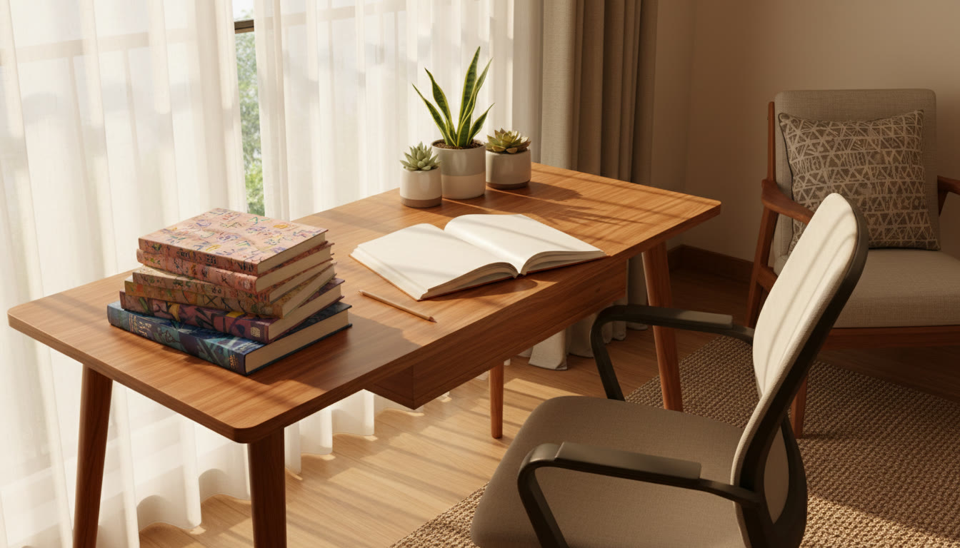 Photo Idea : A bright study desk with CBSE textbooks, a notebook, and a pencil, sunlight falling on the pages