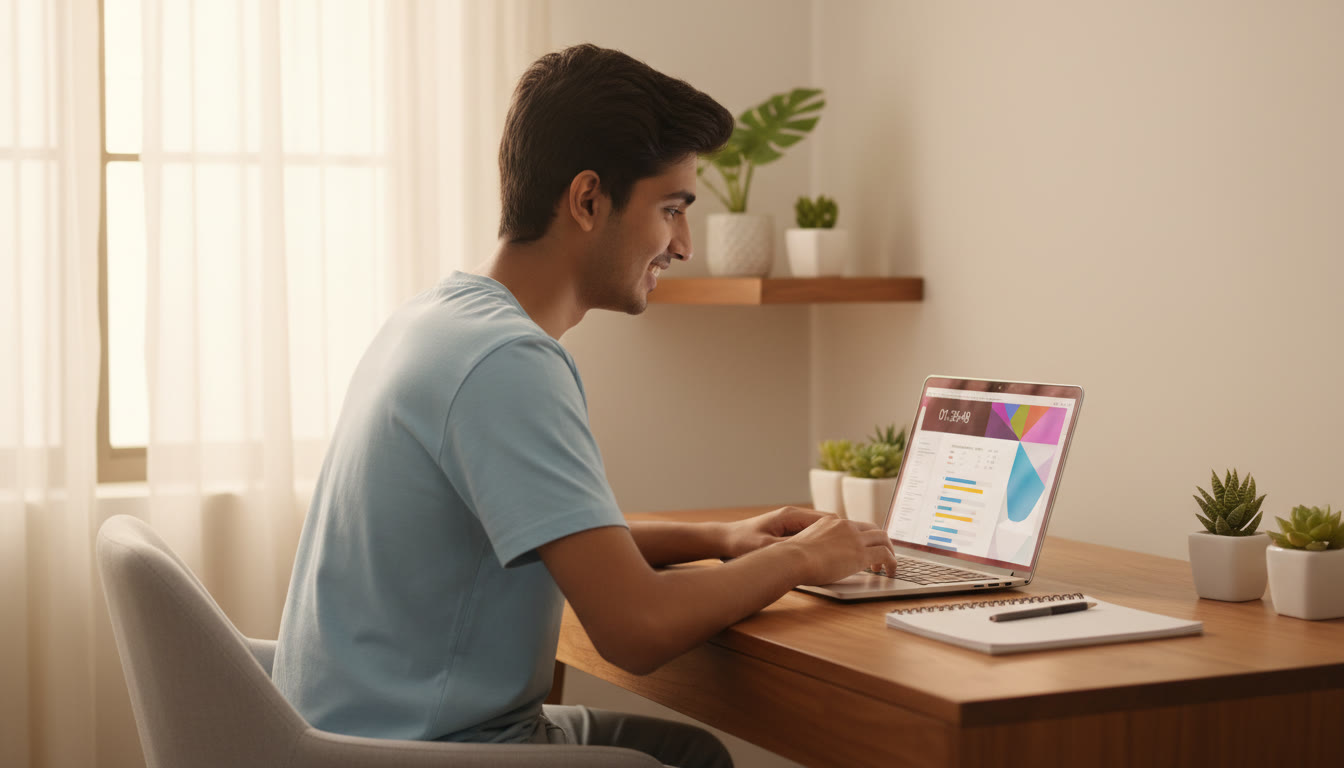 Photo Idea : Student taking a timed mock test on a laptop with a visible countdown and a notebook for rough work