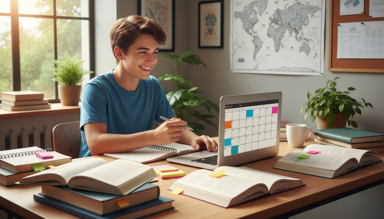 Photo Idea : Student at a desk surrounded by open textbooks and a laptop, mapping a study calendar