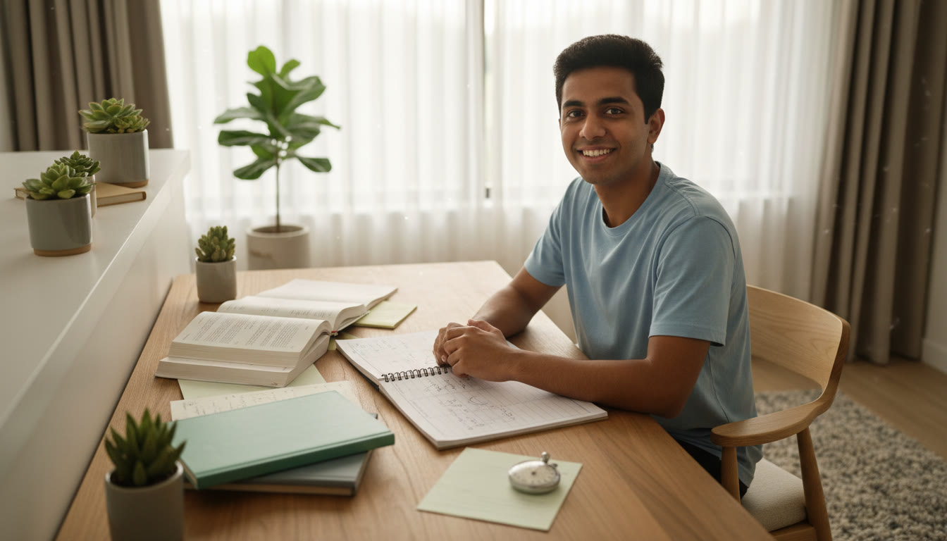 Photo Idea : Student at a tidy desk with a visible weekly planner, stopwatch, and scattered Physics, Chemistry and Mathematics notes