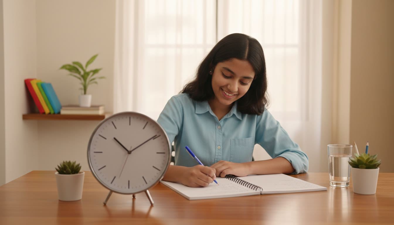 Photo Idea : A student taking a timed mock test at a desk with a clock and a neatly written answer booklet